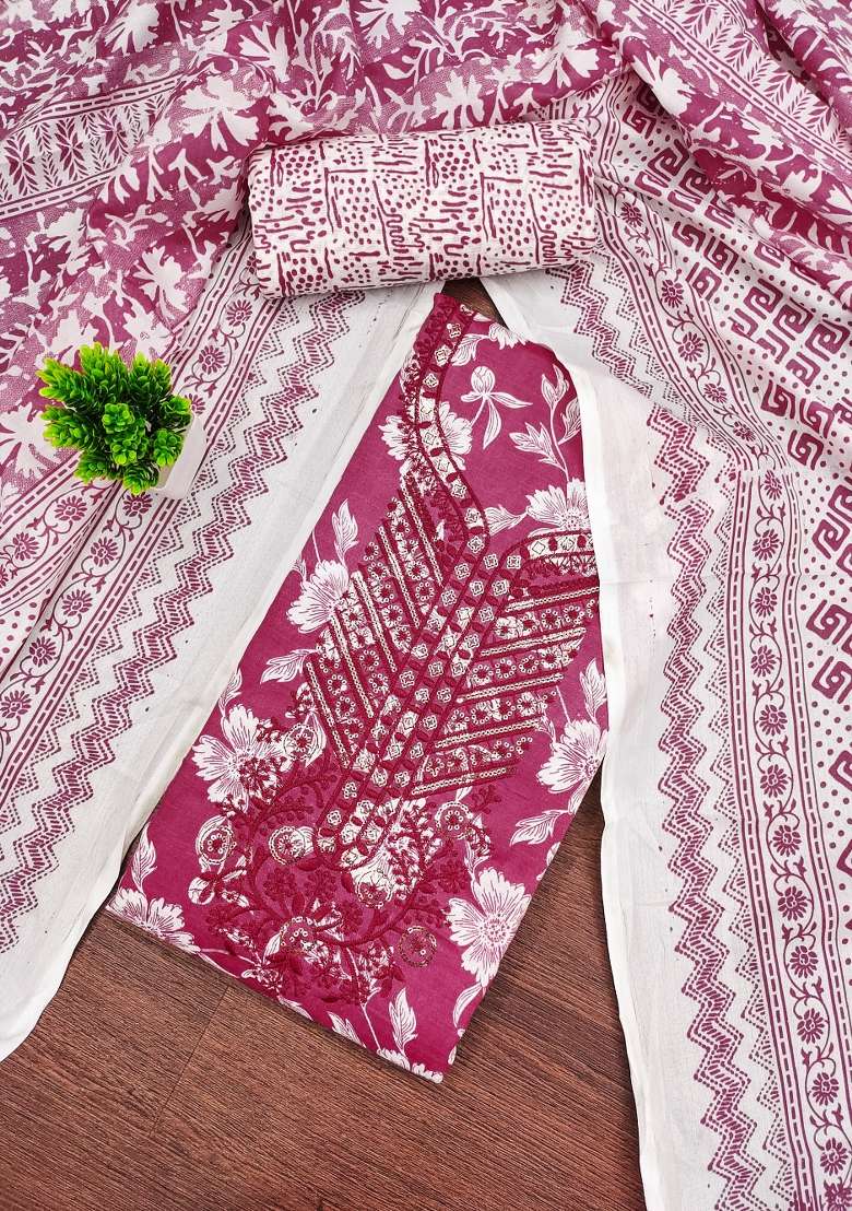 Magenta Floral Print Blended Pakistani Suit Set - Indya