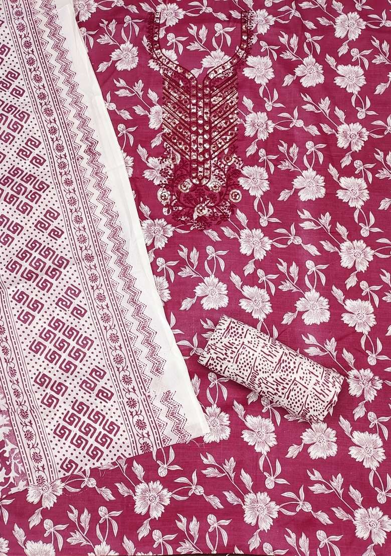 Magenta Floral Print Blended Pakistani Suit Set - Indya