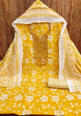 Yellow Embroidered Cotton Blend Dress Material