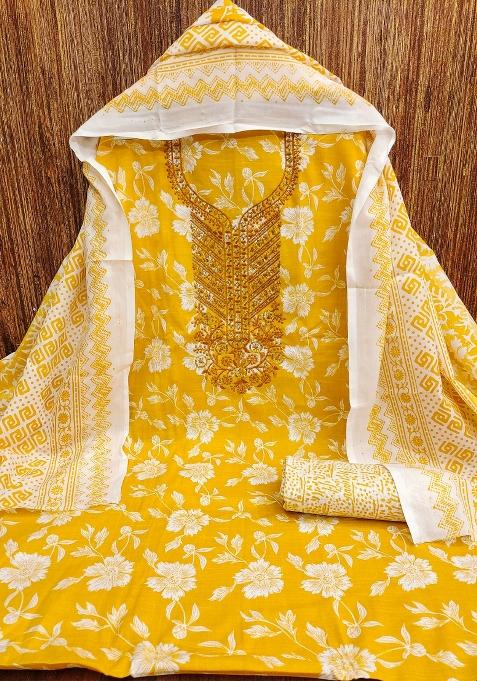 Yellow Embroidered Cotton Blend Dress Material