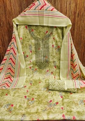 Green Embroidered Cotton Blend Dress Material