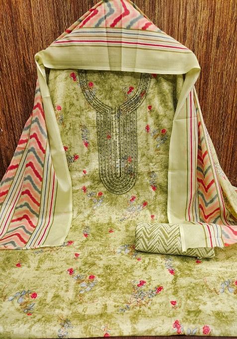 Green Embroidered Cotton Blend Dress Material