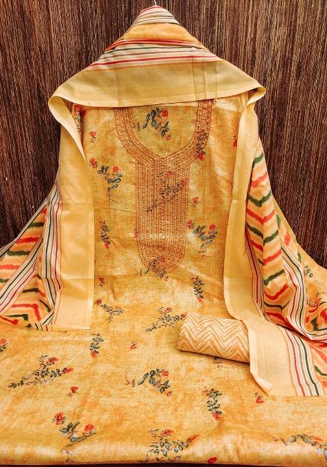 Peach Embroidered Cotton Blend Dress Material
