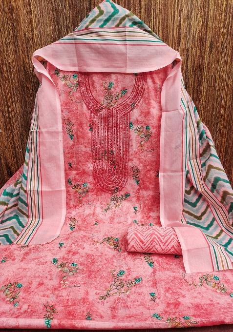 Pink Embroidered Blended Straight Kurta Set