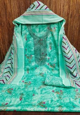 Sea Green Embroidered Cotton Blend Dress Material