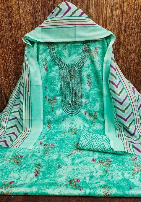 Sea Green Printed Cotton Straight Kurta Set