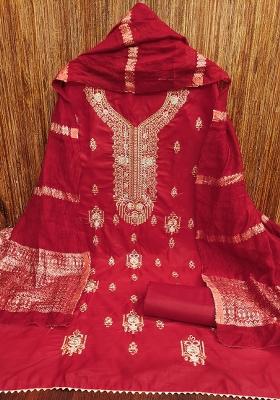 Red Embroidered Cotton Blend Dress Material