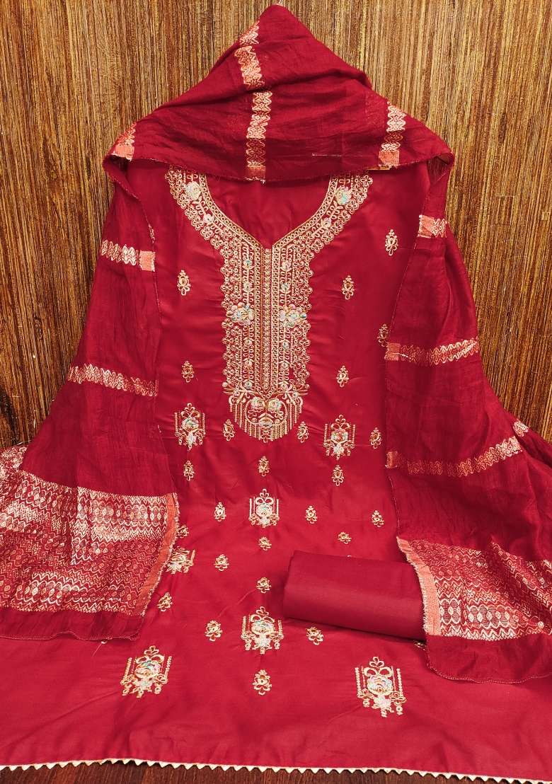 Red Embroidered Cotton Blend Dress Material - Indya