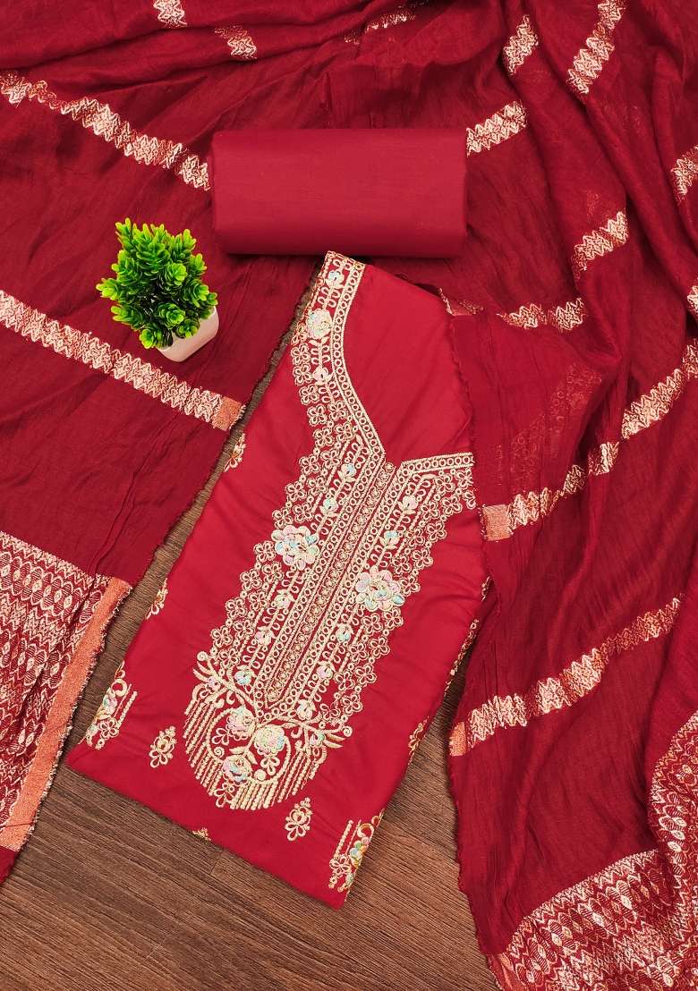 Red Embroidered Cotton Blend Dress Material - Indya