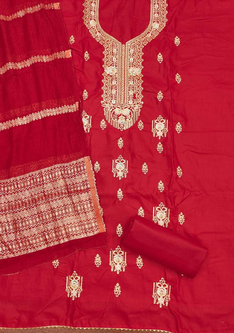 Red Embroidered Cotton Blend Dress Material - Indya