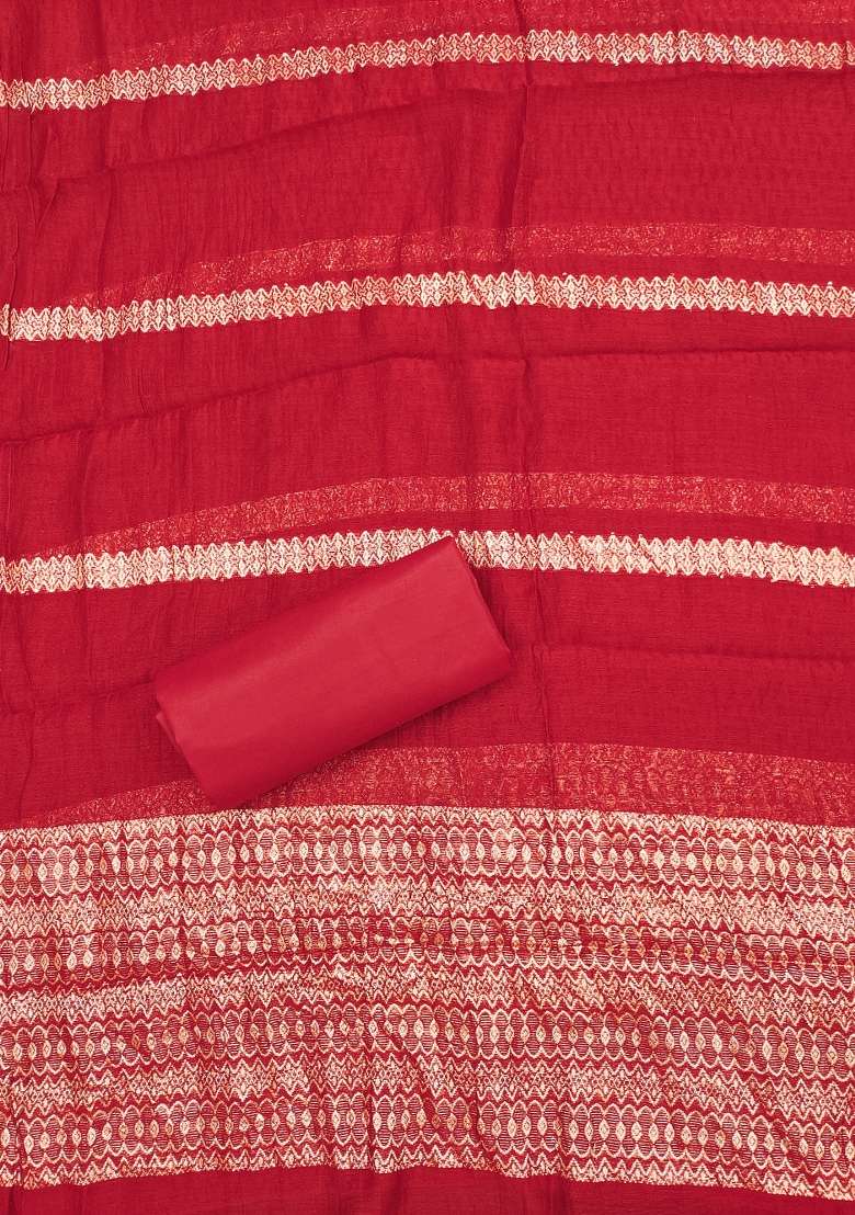 Red Embroidered Cotton Blend Dress Material - Indya