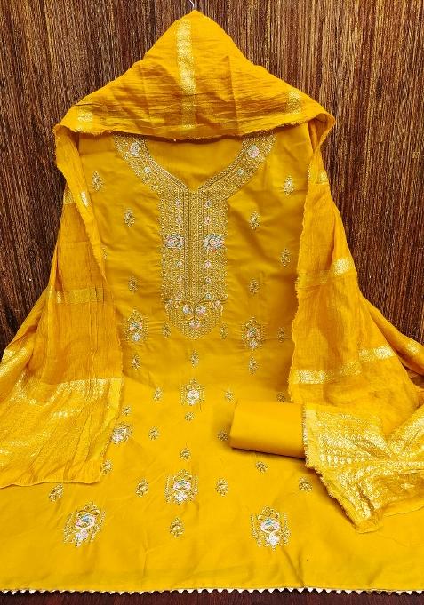 Yellow Embroidered Blended Straight Kurta Set