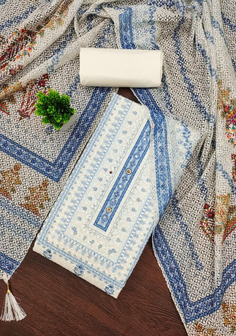 Multicolor Embroidered Cotton Blend Dress Material