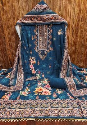 Blue Embroidered Cotton Blend Dress Material