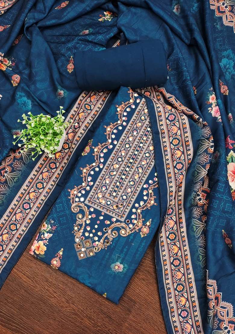 Blue Embroidered Blended Pakistani Suit Set - Indya