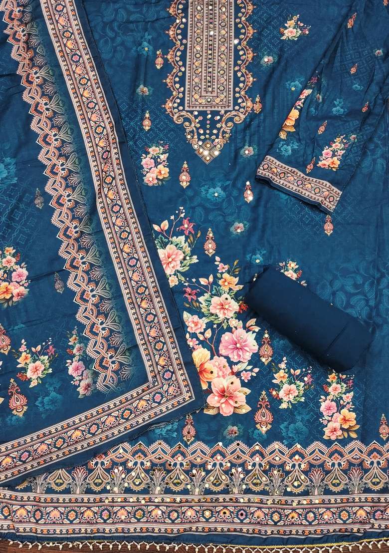 Blue Embroidered Blended Pakistani Suit Set - Indya