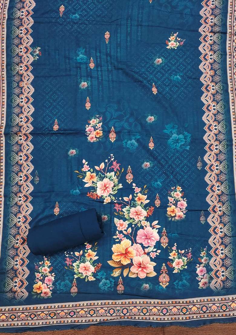 Blue Embroidered Blended Pakistani Suit Set - Indya