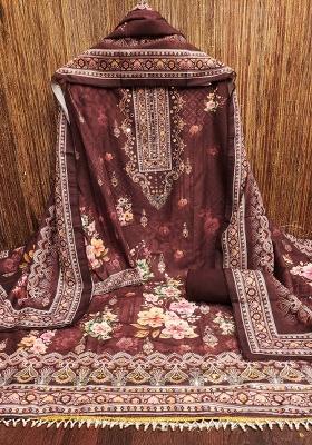 Brown Embroidered Cotton Blend Dress Material