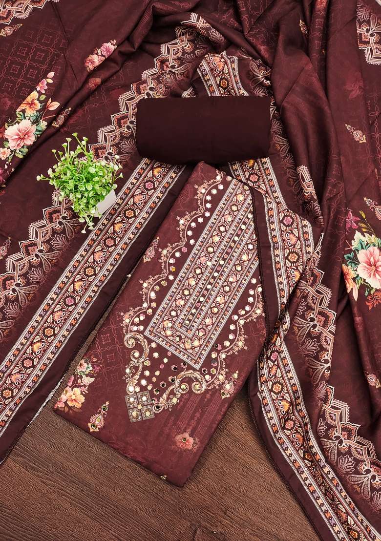 Brown Embroidered Blended Pakistani Suit Set - Indya