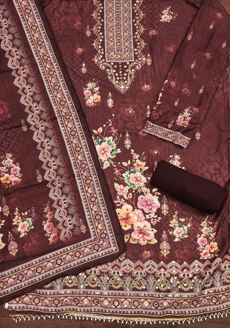 Brown Embroidered Blended Pakistani Suit Set - Indya