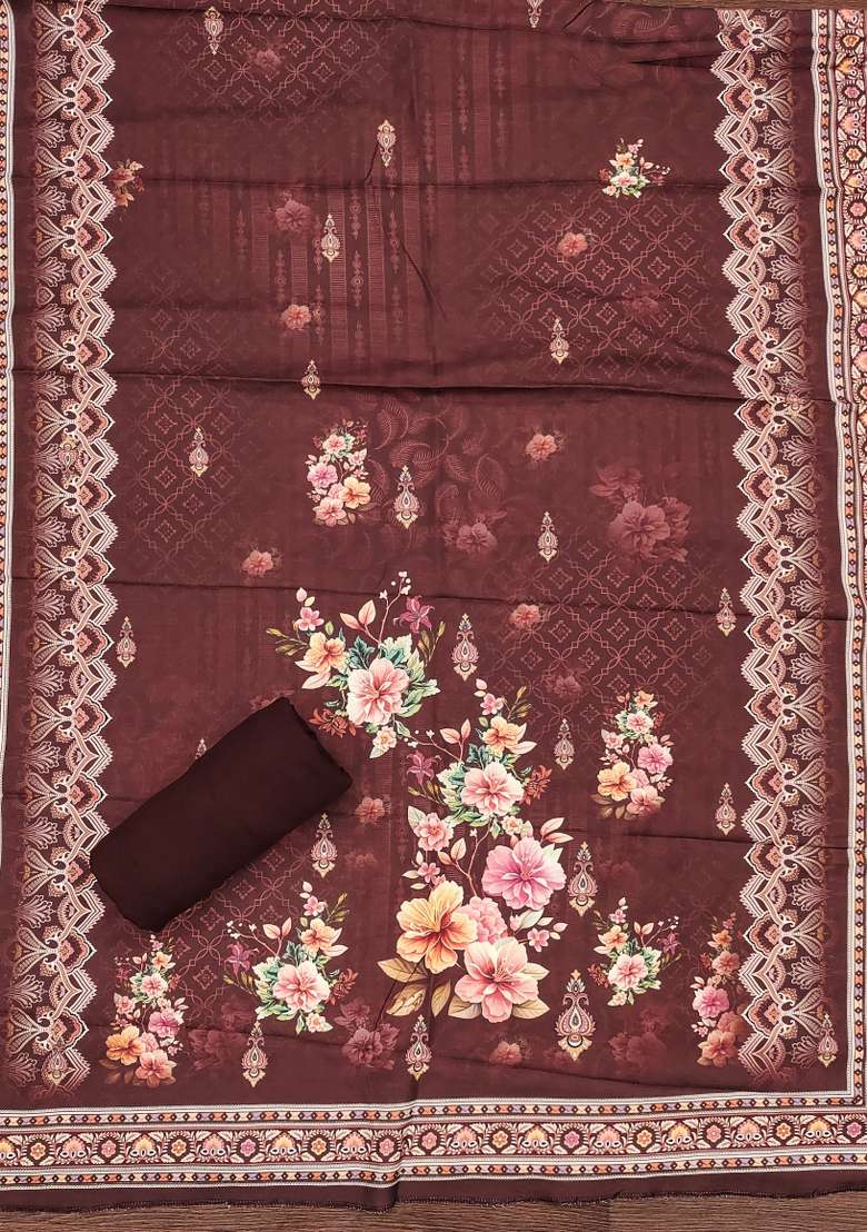 Brown Embroidered Blended Pakistani Suit Set - Indya