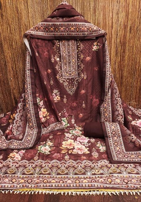 Brown Embroidered Cotton Blend Dress Material