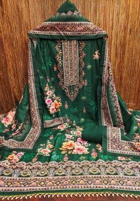 Green Embroidered Cotton Blend Dress Material