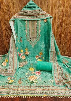 Green Embroidered Cotton Blend Dress Material