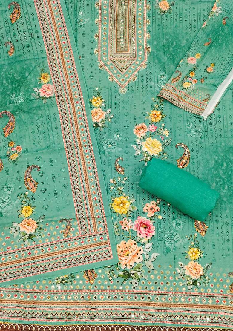 Green Embroidered Blended Pakistani Suit Set - Indya