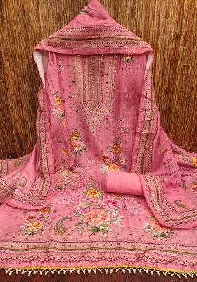 Pink Embroidered Cotton Blend Dress Material