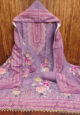 Purple Embroidered Cotton Blend Dress Material