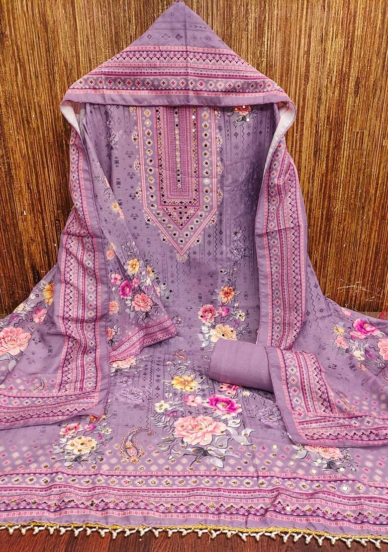 Purple Embroidered Blended Pakistani Suit Set - Indya