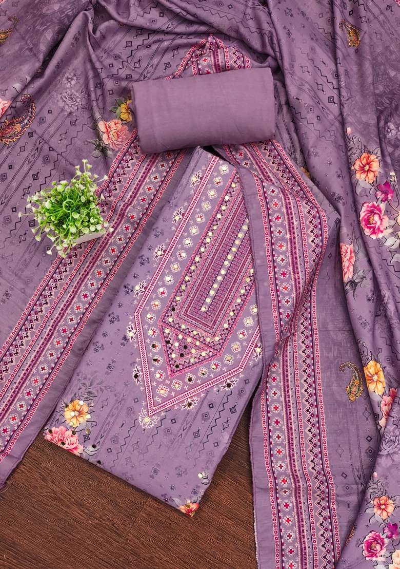 Purple Embroidered Blended Pakistani Suit Set - Indya