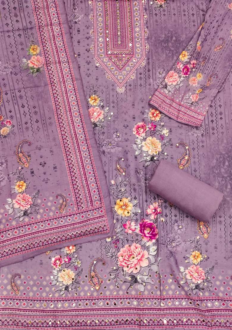 Purple Embroidered Blended Pakistani Suit Set - Indya