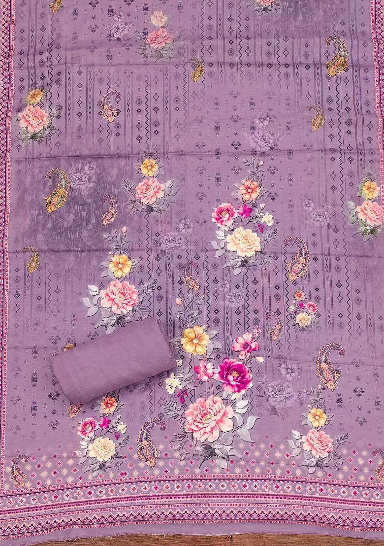 Purple Embroidered Blended Pakistani Suit Set - Indya