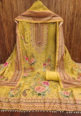 Yellow Embroidered Cotton Blend Dress Material
