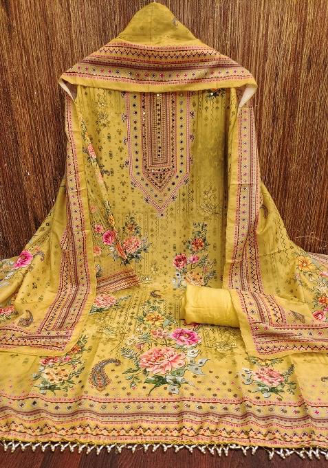 Yellow Printed Blended Pakistani Suit Set