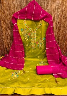 Mehandi Embroidered Cotton Blend Dress Material