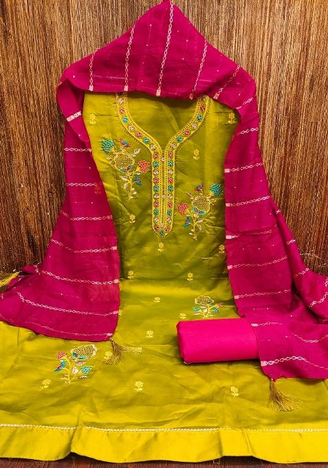 Mehandi Embroidered Cotton Blend Dress Material
