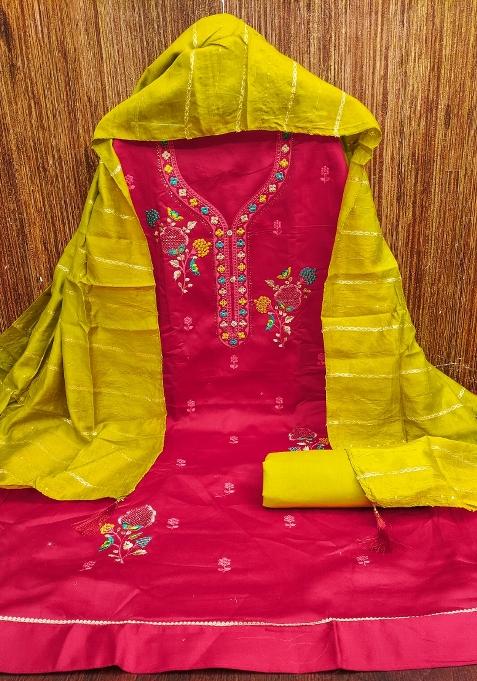 Pink Embroidered Blended Straight Kurta Set