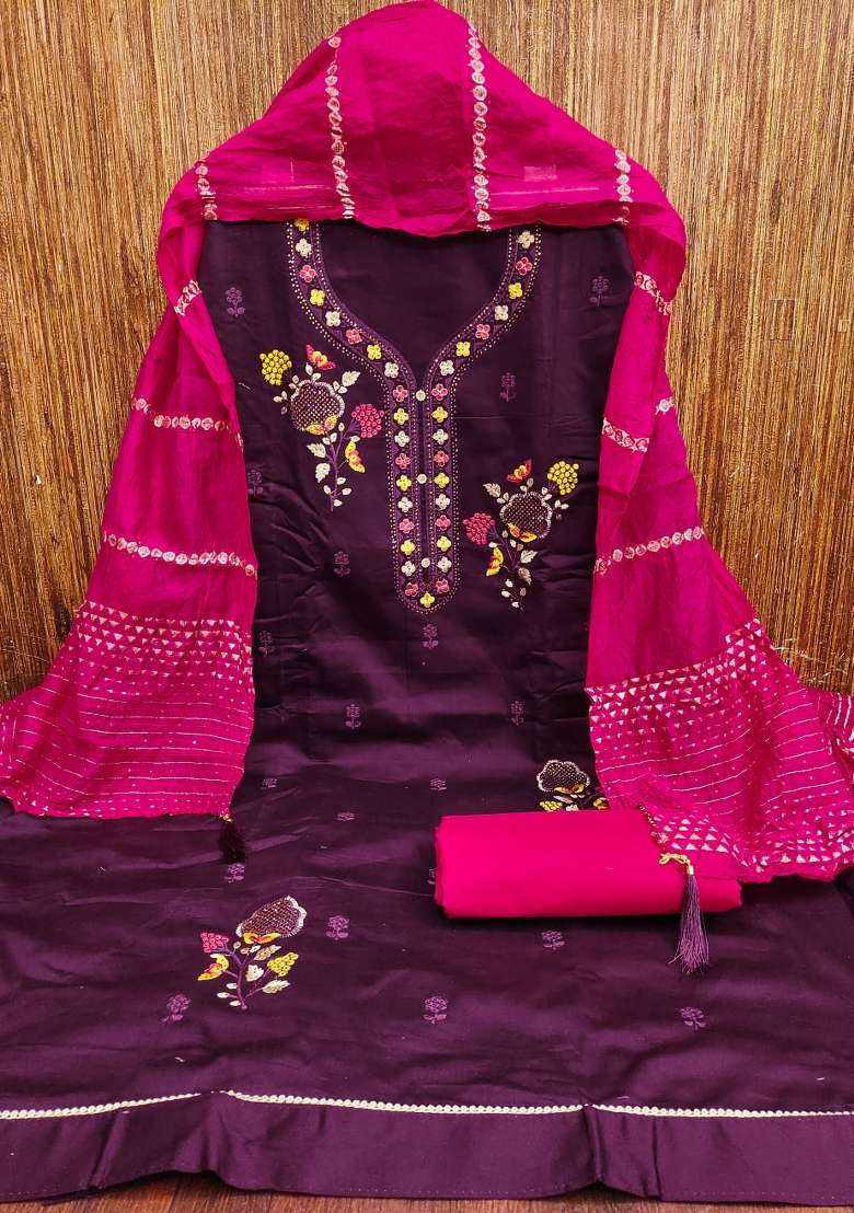 Purple Embroidered Cotton Blend Dress Material - Indya