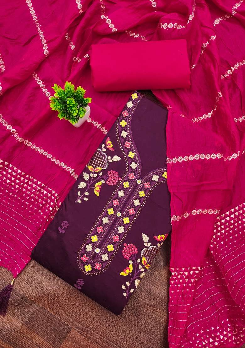 Purple Embroidered Cotton Blend Dress Material - Indya