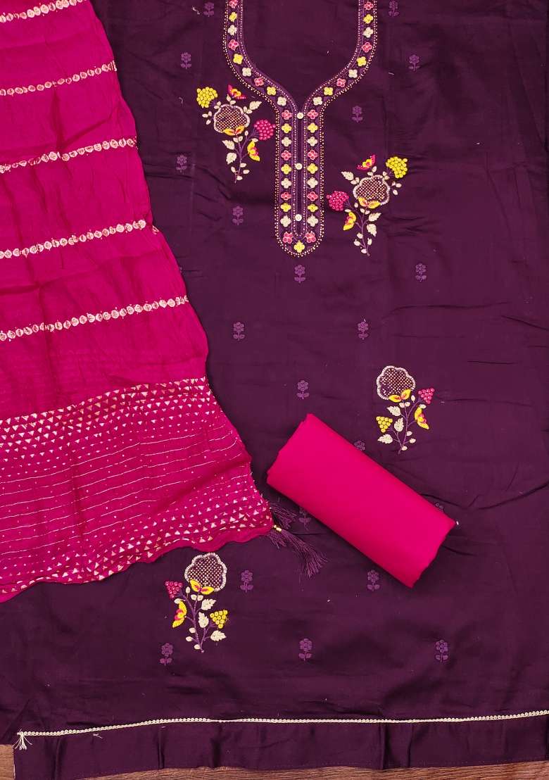 Purple Embroidered Cotton Blend Dress Material - Indya