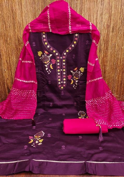 Purple Embroidered Cotton Blend Dress Material