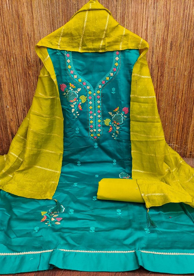 Sea Green Embroidered Cotton Blend Dress Material