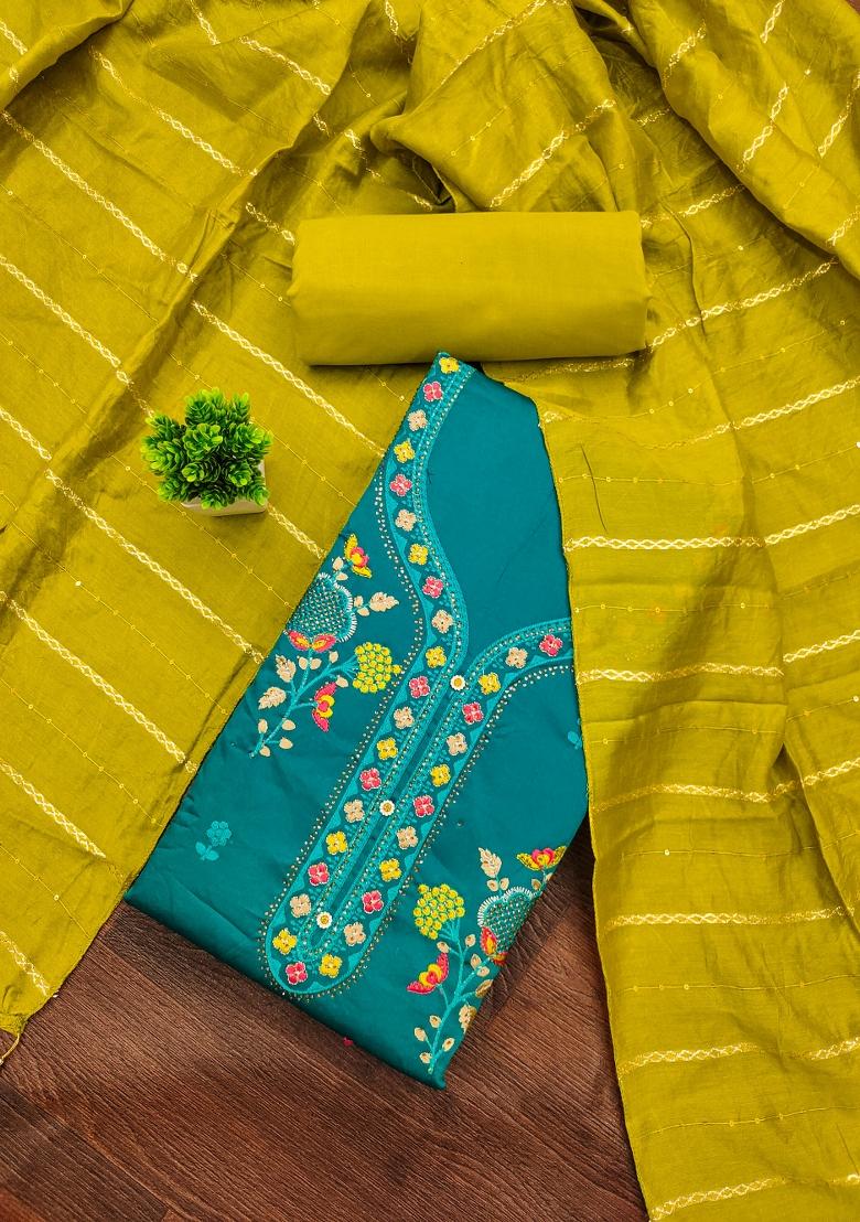 Sea Green Embroidered Cotton Blend Dress Material