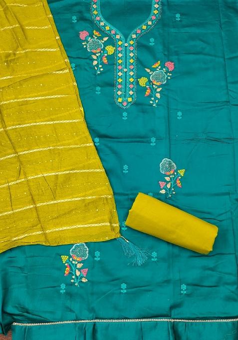 Sea Green Embroidered Cotton Blend Dress Material