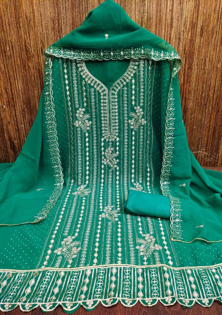 Sea Green Embroidered Georgette Pakistani Suit Set - Indya
