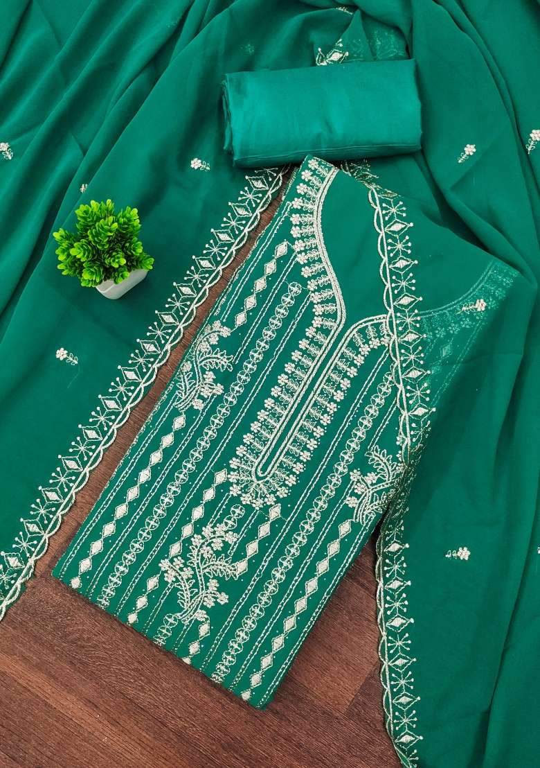 Sea Green Embroidered Georgette Pakistani Suit Set - Indya