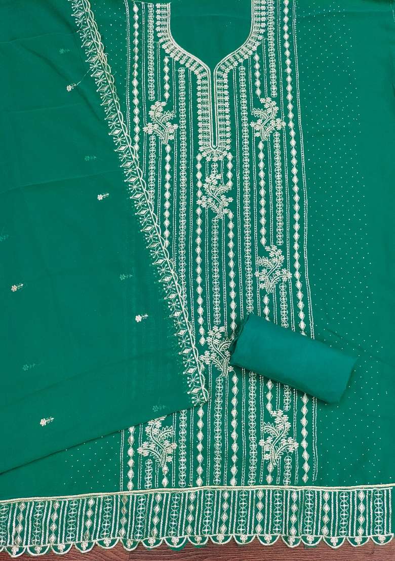 Sea Green Embroidered Georgette Pakistani Suit Set - Indya
